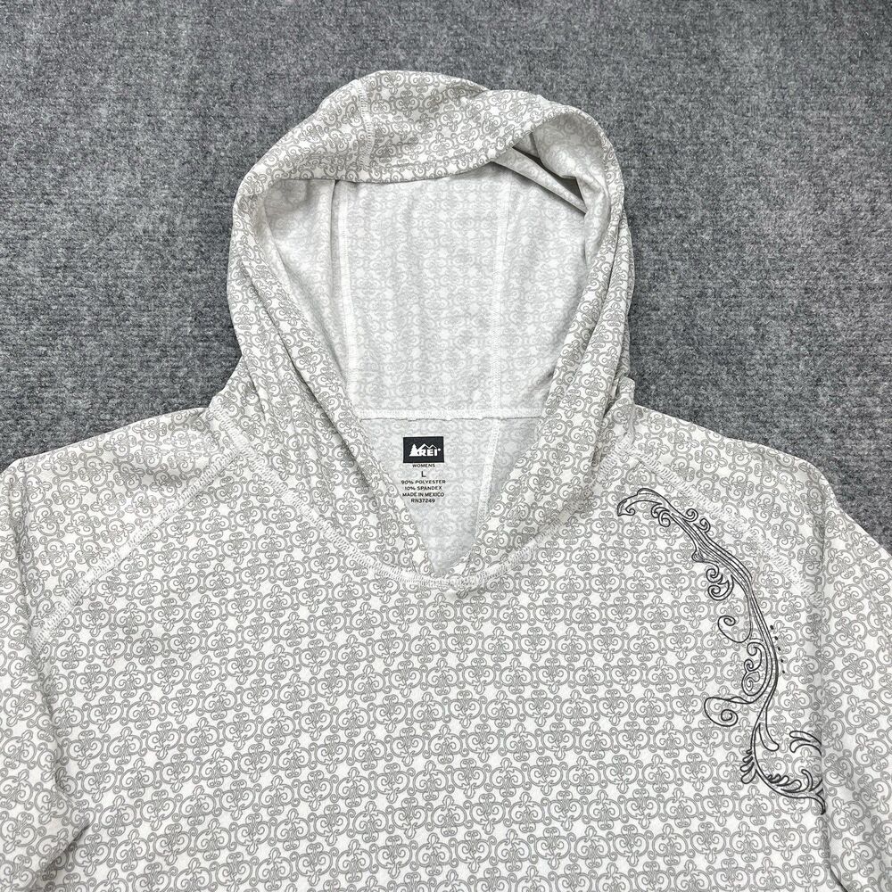REI Hooded Athletic Top Womens Large White Printed Lightweight Thumb Holes - Picture 3 of 10